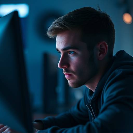 A person sitting in front of a computer screen with a focused and intense expression, representing the potential for game addiction.