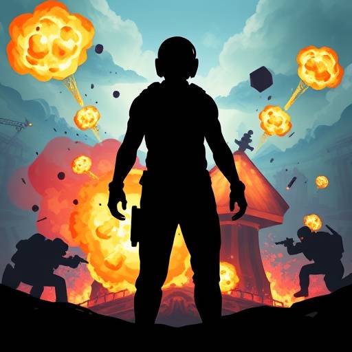 A stylized representation of a player avatar silhouetted against a backdrop of explosions and conflict within a virtual game world.