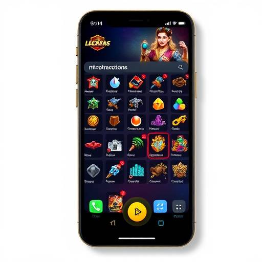 Illustration of various in-game items and currencies being purchased via microtransactions on a mobile device.